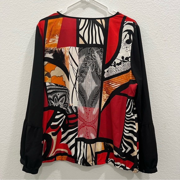 Chico's Red Orange Black Geometric Zebra Patchwork Pullover Blouse Top L Art - Picture 6 of 6
